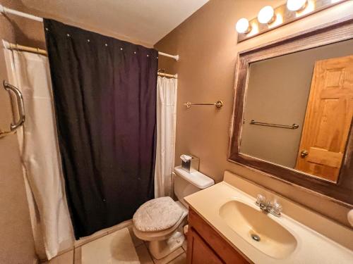 ein Badezimmer mit einem Waschbecken, einem WC und einem Spiegel in der Unterkunft Edelweiss Cabin in Jefferson