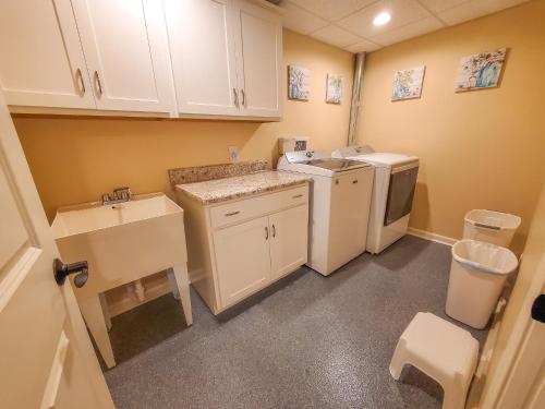 een kleine keuken met een wastafel, een wasmachine en een droger bij Grapevine Retreat in West Jefferson