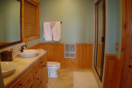a bathroom with a toilet and a sink and a mirror at Picture Perfect in West Jefferson