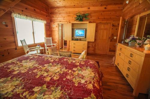 a bedroom with a bed and a television in a cabin at Rest Assured in West Jefferson