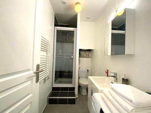 une salle de bain blanche avec un lavabo et des toilettes dans l'établissement T2 Cocooning au coeur de Vienne, à Vienne