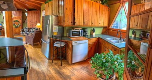 a kitchen with wooden cabinets and a refrigerator and a sink at Unforgettable in Grassy Creek