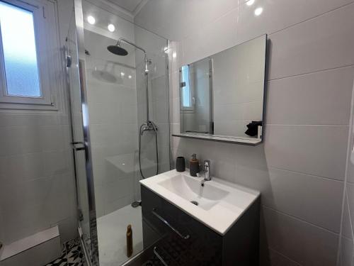 a bathroom with a sink and a shower and a mirror at T3 à Lanester, parking et jardin ! in Lanester