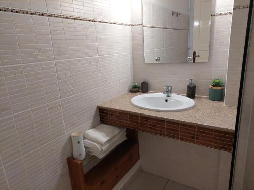 a bathroom with a sink and a mirror at Les bungalows du château d'Ô in Deshaies