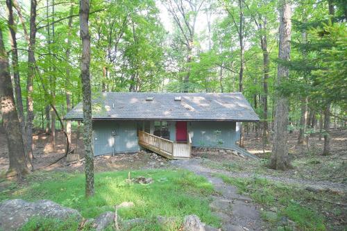 a small house in the middle of a forest at Autumn Wings - Propane Grill, Wifi, Kid Friendly, King Bed, Games, Screen Porch, Pool Access, Hiking in Berkeley Springs