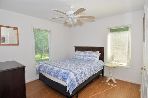 1 dormitorio con 1 cama y ventilador de techo en Cacapon Connected - Workplace Retreat, en Morton Grove