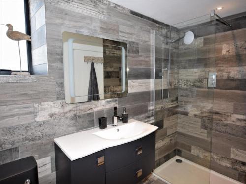 uma casa de banho com um lavatório, um espelho e um chuveiro em Hares Barn em Trowbridge