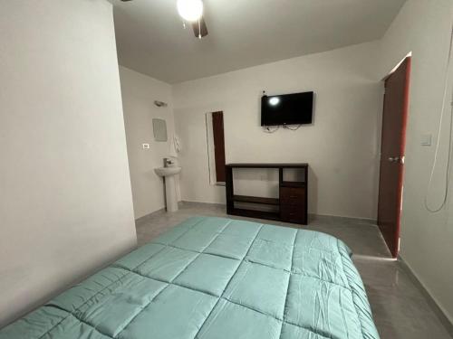 1 dormitorio con 1 cama grande y TV de pantalla plana en IncreIble Hab,Centrica,Internet,Parking, en Xalapa