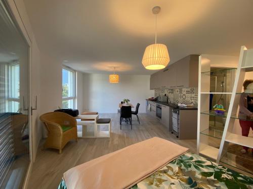 a living room with a kitchen and a dining room at Studio Martigny Taoù in Martigny-Ville