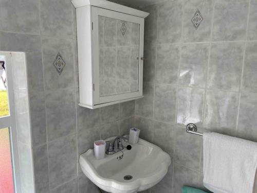 La salle de bains est pourvue d'un lavabo blanc et d'une armoire. dans l'établissement Padraig cottage, 