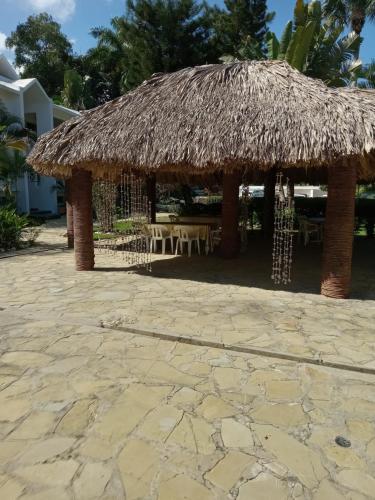 a straw hut with a table and chairs under it at Tropical Optimal Tropicana Sur in Sosúa