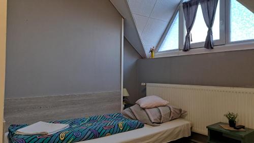 a small room with a bed and a window at Kisdiófa Panzió és Vendéglő in Vajdácska