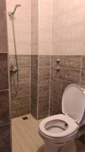 a bathroom with a toilet and a shower at Rooms in shared apartment close to CMN-Airport in Dah Hammou Ben Cheïkh