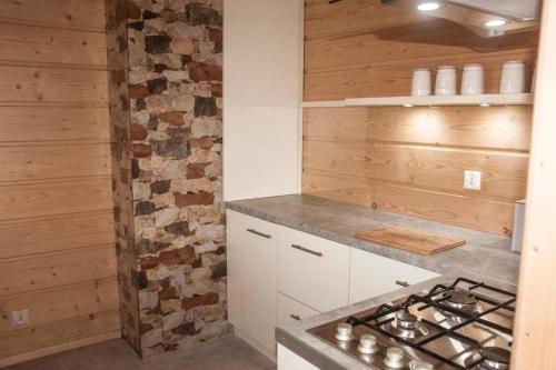 a kitchen with wooden walls and a stove top oven at Domek na Zawojskim Przysłopiu in Zawoja