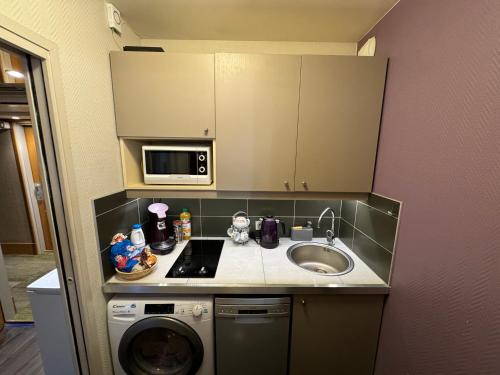 eine kleine Küche mit Spüle und Waschmaschine in der Unterkunft ALTAMIRA (Paris Expo - Porte de Versailles) in Issy-les-Moulineaux