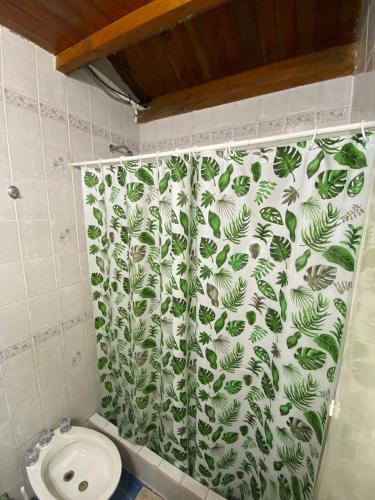 a bathroom with a shower curtain with a toilet at CABAÑA EN EL BOSQUE CENTRICA in Costa del Este