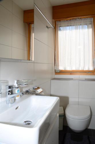 La salle de bains est pourvue d'un lavabo blanc et de toilettes. dans l'établissement Charming and cosy apartment (sleeps 4-6 people) in a beautiful mountain village, à Mürren