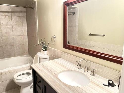 ein Badezimmer mit einem Waschbecken, einem WC und einem Spiegel in der Unterkunft Paradise Home l Retreat and Event in Sullivan