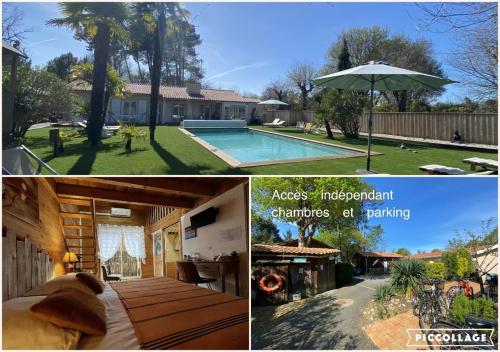un collage de fotos de una casa con piscina y sombrilla en Villa Herbert, Chambres d'Hôtes et Gîte, en Andernos-les-Bains