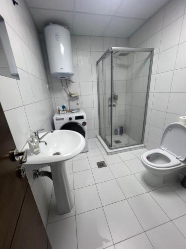 y baño con aseo, lavabo y ducha. en Downtown Apartment, en Strumica