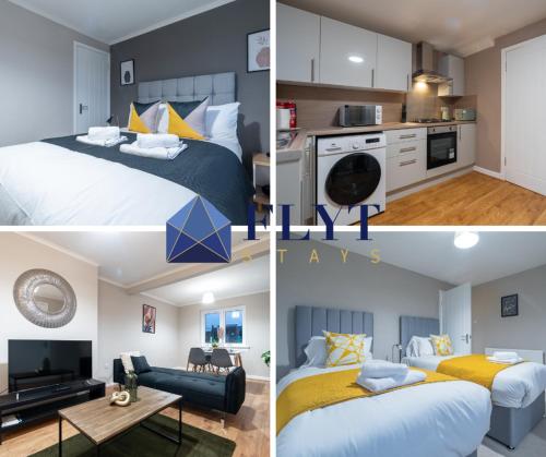 three different views of a bedroom and a living room at Kingswood in Bishopton