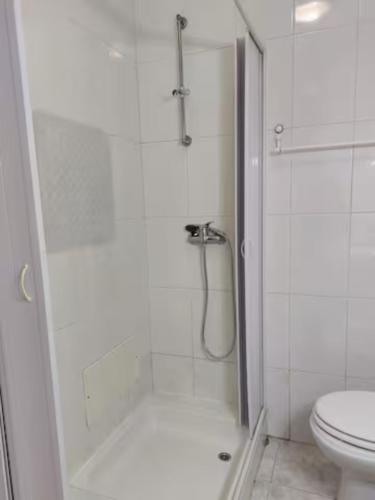 a white bathroom with a shower and a toilet at Barbara Home in Madalena do Mar