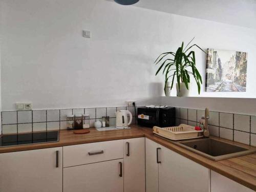 a kitchen with a sink and a counter top at Great Apart Mokotów in Warsaw