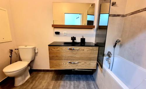 a bathroom with a sink and a toilet and a tub at Appartement deluxe ac 1 chambre proche Paris Disney 20min rerA ou A4 in Noisy-le-Grand