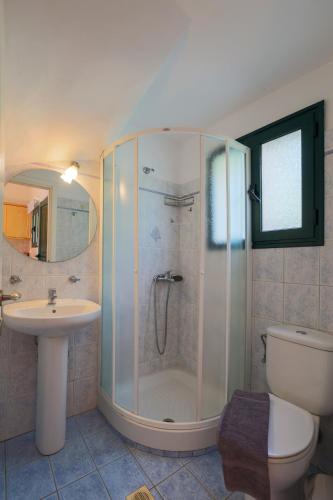 a bathroom with a shower and a toilet and a sink at Vivi's Apartments in Agia Effimia