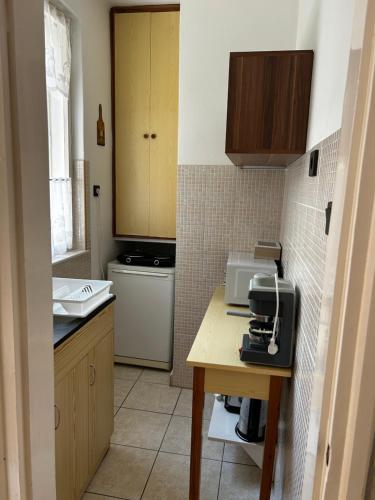 a small kitchen with a table and a counter top at Kisvirág Apartman in Hajdúszoboszló