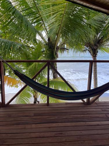 a hammock on a beach with two palm trees at Popochos Beach Eco Lodge in Nuquí
