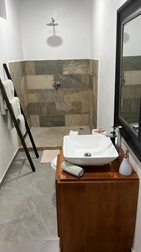 y baño con lavabo blanco y ducha. en Casa yin yang, en Carrillo