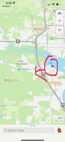 a map with a red circle on it at Bliss on the Lake in Wausau