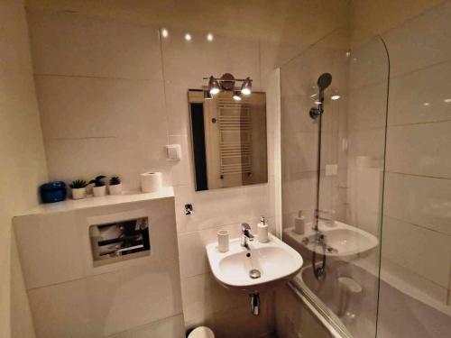 uma casa de banho branca com um lavatório e um chuveiro em Great Apart Kabaty em Varsóvia