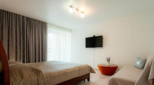 a bedroom with a bed and a tv on the wall at Loft apartment in Druskininkai