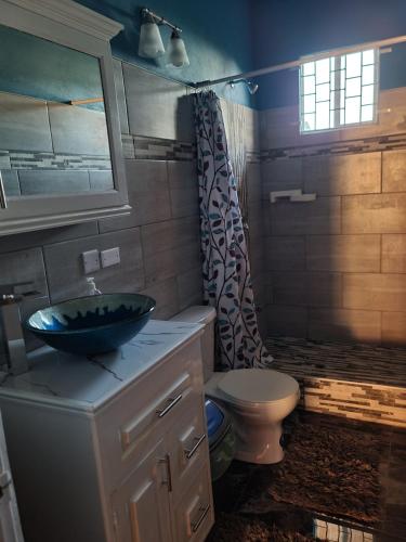 a bathroom with a sink and a toilet at Airport Heights Apartment 