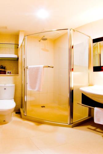 ein Badezimmer mit Dusche, Toilette und Waschbecken in der Unterkunft Celyn Hotel City Mall in Kota Kinabalu