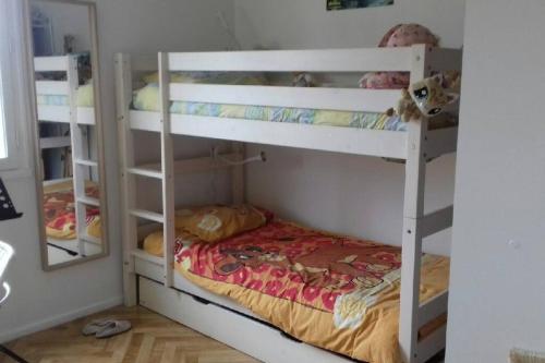 a bedroom with two bunk beds and a mirror at T4/5 avec vue sur les Alpes à 5 minutes de Lyon in La Mulatière