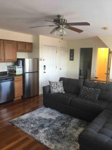a living room with a couch and a kitchen at Lovely one bedroom with free parking in Schenectady