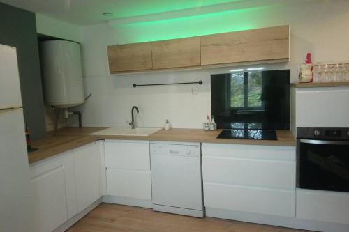 a kitchen with white cabinets and a sink at Appartement ZEN ET COSY in Estrablin