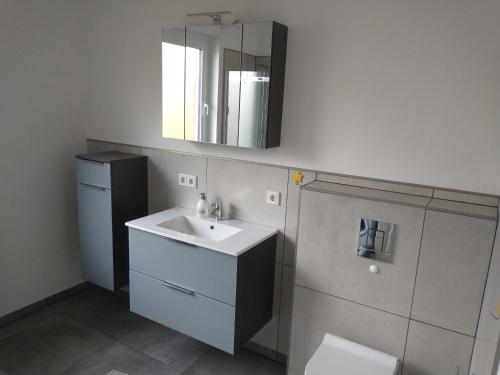 La salle de bains est pourvue d'un lavabo et d'un miroir. dans l'établissement Ferienwohnung Wiebe, à Minden