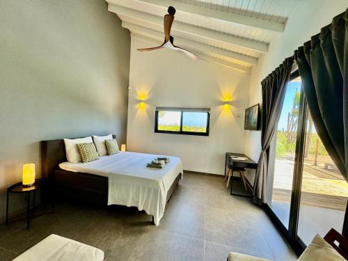 Salt Apartments Bonaire في كراليندايك: غرفة نوم بسرير ونافذة كبيرة