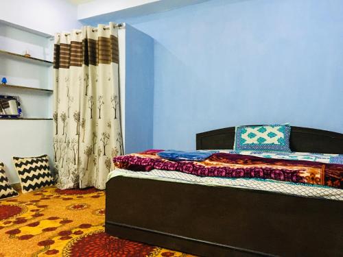 een slaapkamer met een bed en een blauwe muur bij Ali Baba Hostel in Jaipur