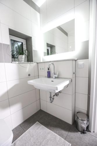 Baño blanco con lavabo y espejo en Gemütliches Apartment in der Nähe von Köln, en Hürth