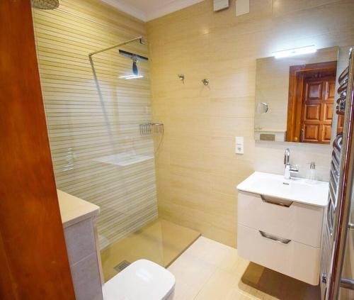 een badkamer met een douche, een toilet en een wastafel bij Apartamento Vista del Valle, Frigiliana 2 bedroom Apartment with great views HansOnHoliday Rentals in Frigiliana