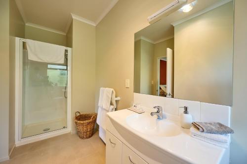 a bathroom with a sink and a mirror and a shower at Awatea Country Bed & Breakfast in Kaikoura