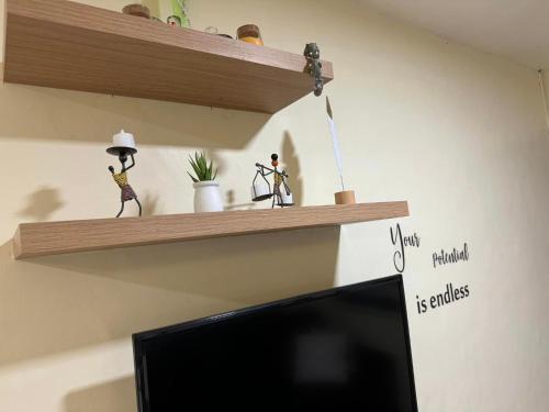 a shelf with two figurines on top of a tv at 2 Bedroom Guest Suite Near The New EVRMC Hospital & San Juanico Bridge Tacloban City, Leyte, Philippines in Tacloban