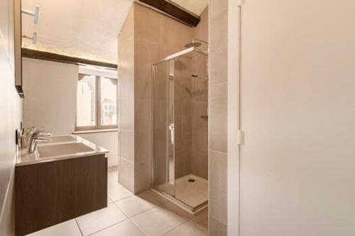uma casa de banho com um chuveiro e um lavatório. em Suite Stays Bruges em Bruges