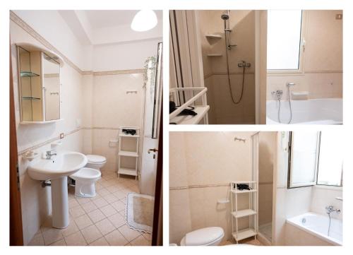 2 immagini di un bagno con lavandino e servizi igienici di Pozzallo Pietrenere Holiday Home a Pozzallo