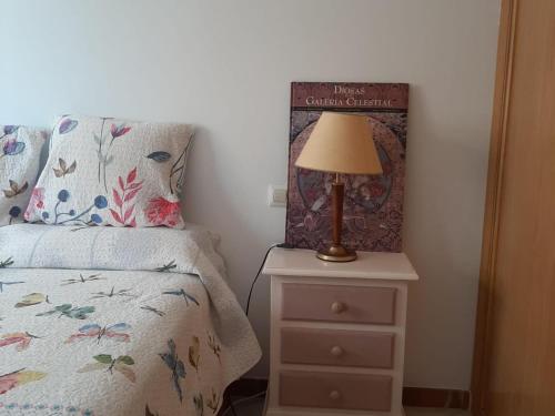 a bedroom with a bed and a lamp on a nightstand at Apartamento Manilva con terraza y piscina in Manilva